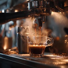 slow motion pouring coffee into glass cup, steam rising, cozy cafe atmosphere, professional lighting, 4K