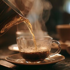 slow motion pouring coffee into glass cup, steam rising, cozy cafe atmosphere, professional lighting, 4K