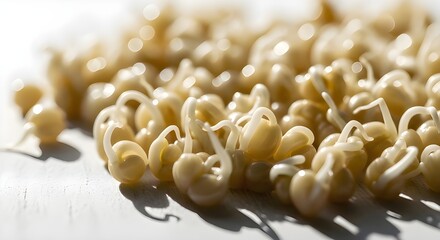 Close-up of Fresh Yellow Soy Bean Sprouts on a White Surface. Concept of Healthy Eating, Organic Food, Vegan Diet, and Plant-Based Nutrition