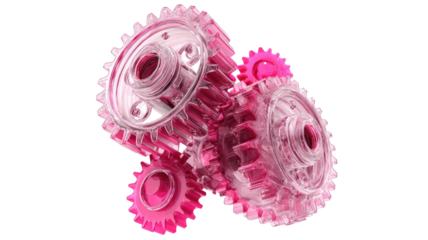  Set of rotating pink mechanical gears with metallic finish showing motion and engineering details isolated on white background