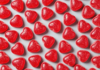 Vibrant red heart shaped gummy candies arranged in a dense continuous pattern.