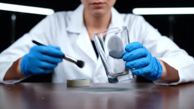 A forensic scientist dusts a glass with a fingerprint brush. Rubber gloves and lab coat present