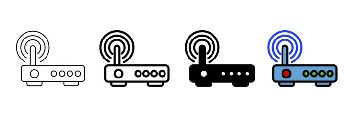 Set of minimalist router icons with transparent background, depicting wireless network devices for internet, data transfer, and smart home technology, vector illustration