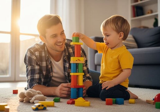Happy father and toddler son building a colorful wooden block tower on the living room floor.