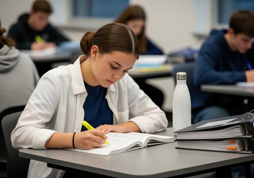 Concentrated female student highlighting a textbook during class or exam in a modern school.