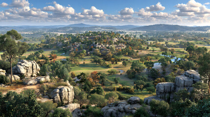 Fototapeta premium Scenic Landscape with Boulders Trees and Distant Mountains.