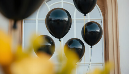 black and golden balloons in front of a window, blurry foreground. White tone