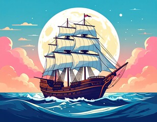 Sailing ship under full moon, stylized, cartoonish
