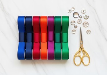 Top view of vibrant satin ribbon spools, sewing buttons, and elegant gold scissors