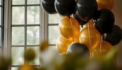 black and golden balloons in front of a window, blurry foreground. White tone
