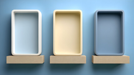 Three minimalist trays on wooden blocks against a blue wall.