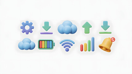 Set of application 3d elements concept technology settings download cloud battery wifi signal notification on white