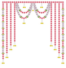 Festive indian door hanging decoration in pastel pink and white flowers isolated on transparent background.