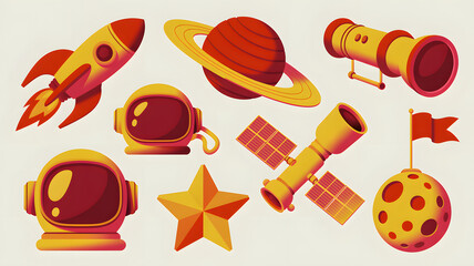 Set of space icons such as rocket, saturn, telescope, helmets, star, satellite and moon for astronomy or design projects