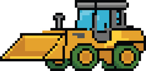 Obraz premium Pixel art construction vehicle, yellow loader, green wheels, blue windows, large bucket, retro style, vector illustration, digital artwork, machinery theme