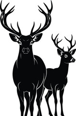 Black and White Silhouettes of Two Deer with Antlers for Wildlife, Forest, Nature, Animal, Decorative, Hunting, and Vector Design Use