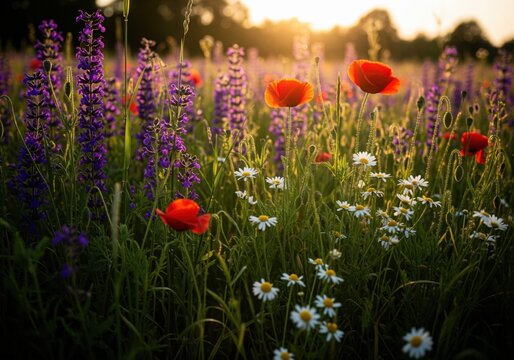Vibrant meadow of red poppies, purple wildflowers, and daisies bathed in golden hour sunset light.