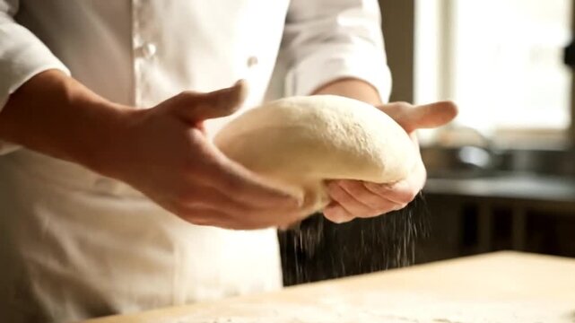 A baker in a white uniform shapes fresh dough with gentle hands on a wooden surface dusted with flour