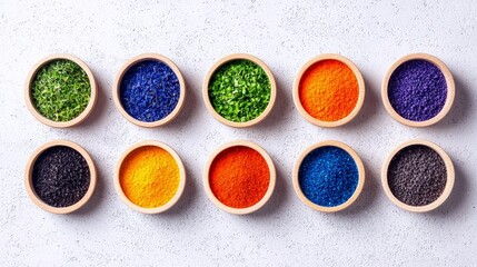 Ten small wooden bowls filled with colorful granular materials like salt, sugar, or spices are arranged in two rows on a textured white surface.