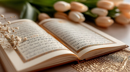 Open Quran with tulips and babys breath a serene religious image.