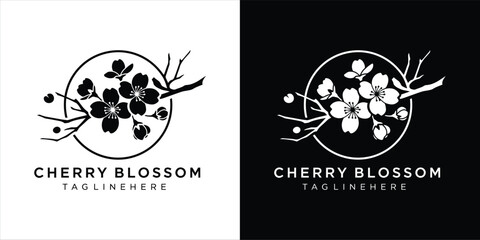 Elegant Japanese cherry blossom branch logo design. Minimalist sakura flower icon in a circle template