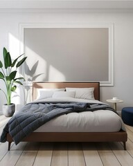 Minimalist bedroom with a wooden bed, gray and white bedding, a potted plant, and soft natural light casting shadows on a plain white wall.