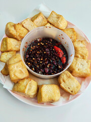 Close Up Top View of Delicious Sundanese Indonesian Tahu Gejrot Appetizer Dish