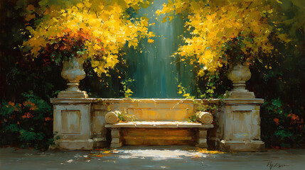 Obraz premium Sunlit Garden Bench with Golden Foliage and Stone Pillars.