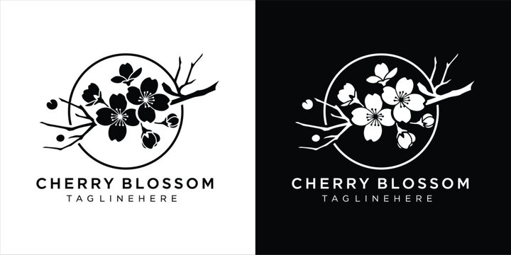 Elegant Japanese cherry blossom branch logo design. Minimalist sakura flower icon in a circle template