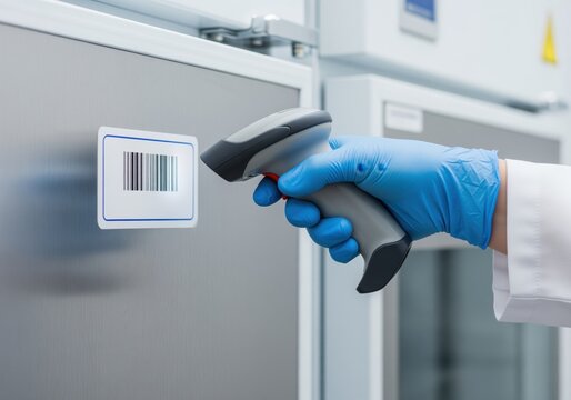 Close up of a gloved hand scanning a barcode sticker on storage unit in a laboratory