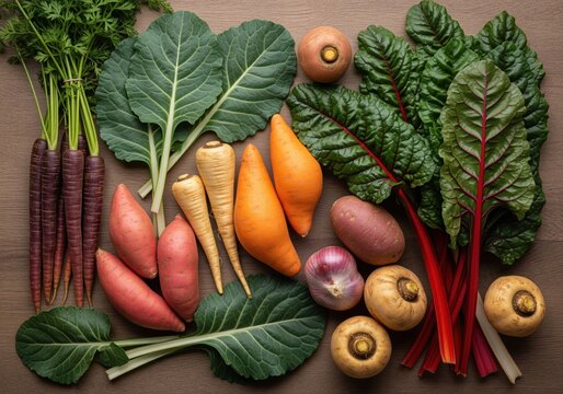 Colorful variety of fresh root vegetables and healthy greens flat lay on wood