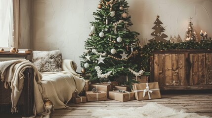 Charming christmas living room with artificial tree, white ornaments, gifts, and natural light