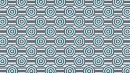A Seamless Retro Geometric Pattern Featuring Alternating Rows of Concentric Circles Overlaid on a Background of Horizontal Gray and Dark Slate Stripes, Using a Muted Blue Palette