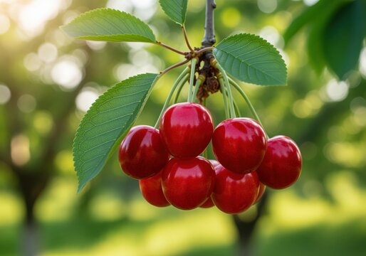 Ripe red cherries hanging on a branch with green leaves and bright summer sunlight