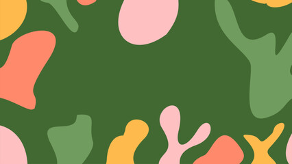 A Mid-Century Modern Inspired Abstract Background Featuring Irregular, Organic Shapes in a Warm Color Palette of Coral, Pink, Olive, and Ochre on a Deep Forest Green Field