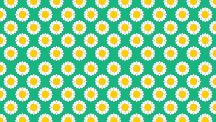 A Seamless Digital Pattern Composed of Repetitive, Symmetrical, White and Yellow Stylized Daisy Flowers Repeated Across a Uniform, Solid Mint Green or Teal Background