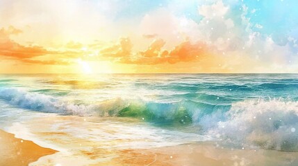 Watercolor Seascape Painting of Ocean Waves at Sunset with Pastel Sky