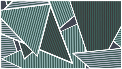 An Abstract Geometric Composition Featuring Overlapping and Intersecting Triangles and Shapes, Filled with Vertical Striped Patterns in Various Tonal Shades of Grayish Teal and Slate Blue