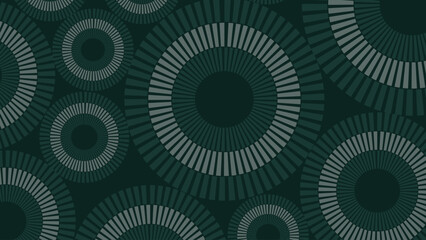 A Dark and Moody Seamless Geometric Pattern Featuring Large, Interlocking Circles with Concentric Rings of Contrasting Radial Segments in Shades of Dark Teal and Gray