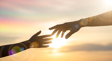 Silhouette of two hands reaching for each other against a sunset sky, symbolizing hope and connection background image