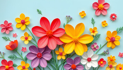 vivid paper flowers, bright holiday floral background, Mother's day greeting card, easter wallpaper, crayon drawing. White tone