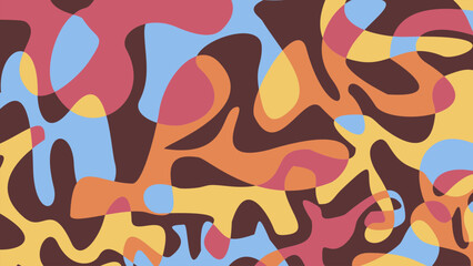 Seamless Organic Blob Pattern in 70s Retro Style: Abstract Colorful Background with Overlapping Curvy Shapes in Warm Brown, Yellow, Orange, Red, and Blue Tones