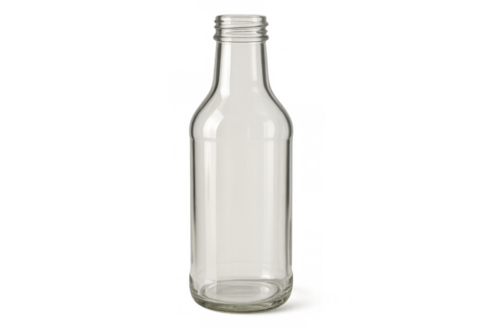 Empty clear glass bottle with a threaded neck, showing transparency for reuse and recycling on a gray checkered background