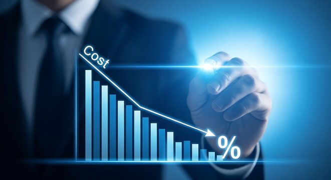 Businessman drawing a downward trend graph indicating cost reduction and percentage decrease with a marker background image