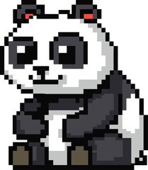 Fototapeta premium Pixel art panda, sitting pose, black and white body, red ear detail, retro style, vector illustration, digital artwork, game character