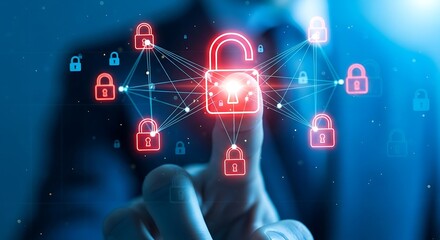 Finger touching a glowing red padlock icon, representing digital security and data protection background image