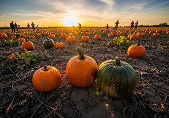 Sprawling pumpkin patch field at golden hour sunset with families enjoying autumn harvest