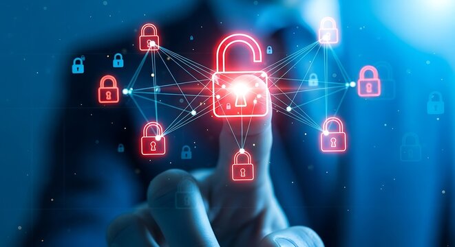 Finger touching a glowing red padlock icon, representing digital security and data protection background image