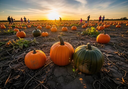 Sprawling pumpkin patch field at golden hour sunset with families enjoying autumn harvest