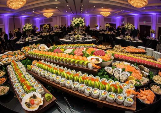 Grand sushi and sashimi buffet featuring fresh seafood at a luxury formal event. - Powered by Adobe